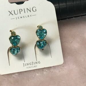 Xuping Jewelry Gold Double Heart Blue Crystal Earrings New